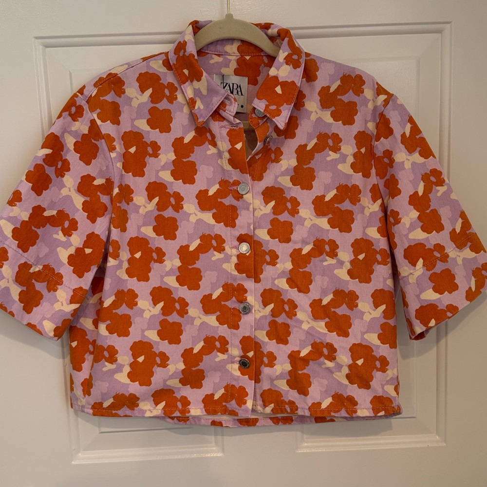 Zara The 90s Floral Denim Set - Connie Shirt Matching Shorts - Size XS - NEW - Picture 11 of 13